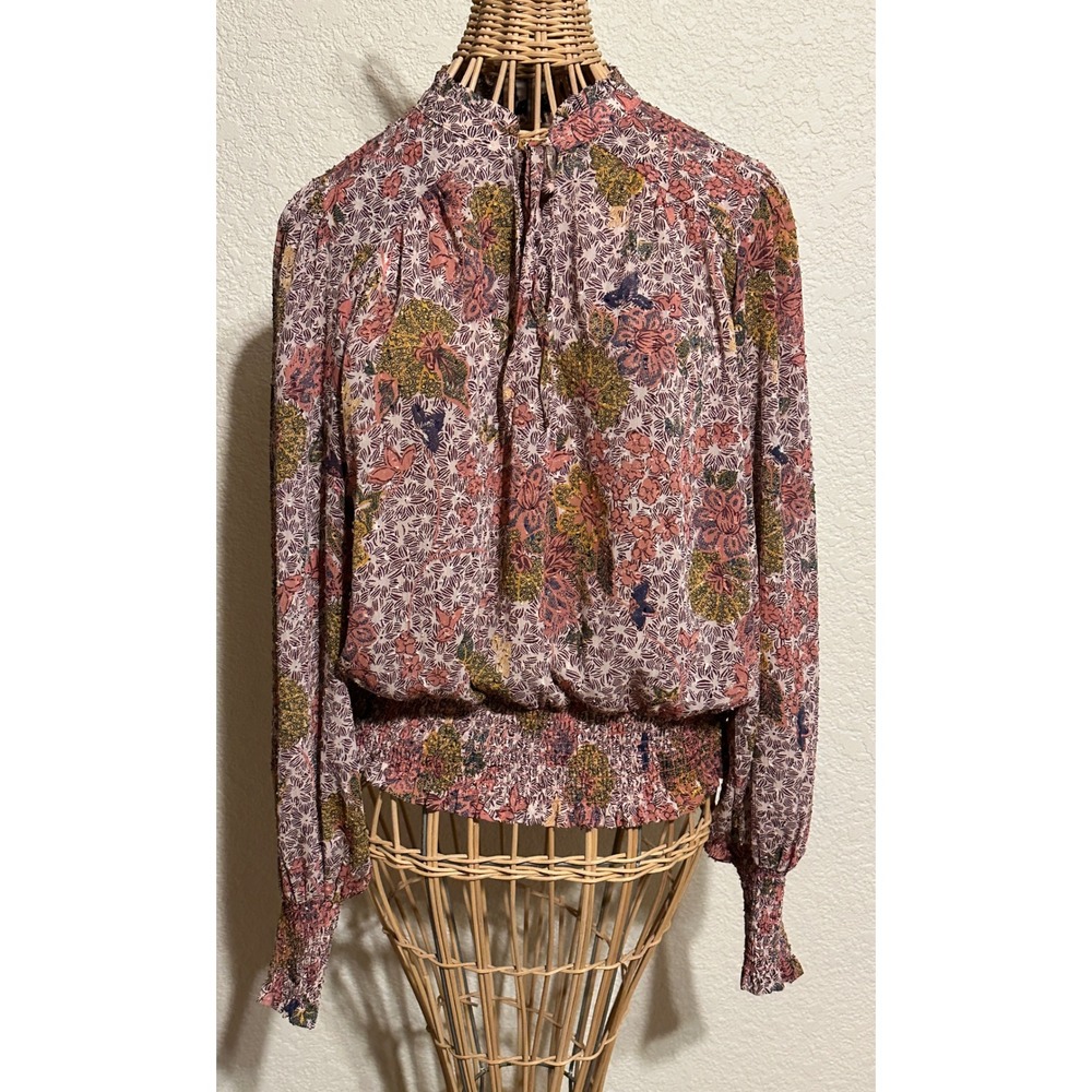 Rachel Zoe Pink Floral Smocked Waist Blouse Metallic Clip Dot Top Small boho